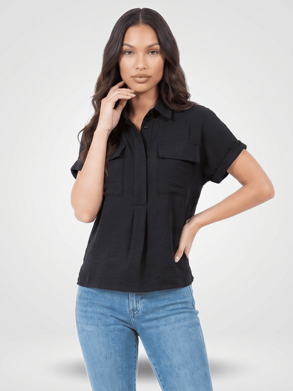 WOMEN'S SHORT SLEEVE BUTTON UP FRONT POCKETS BLOUSE