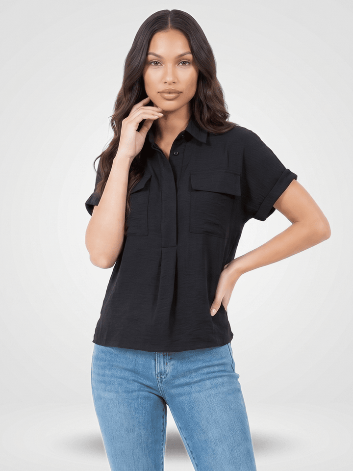 WOMEN'S SHORT SLEEVE BUTTON UP FRONT POCKETS BLOUSE
