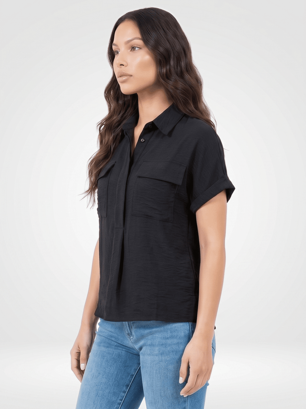 ***************WOMEN'S SHORT SLEEVE BUTTON UP FRONT POCKETS BLOUSE