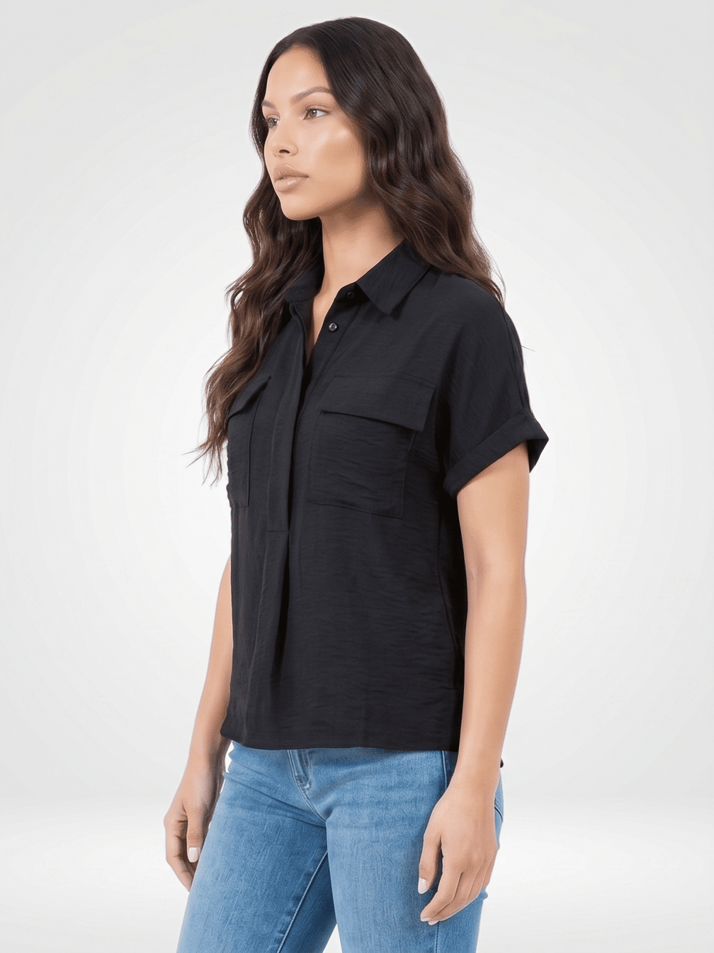 ***************WOMEN'S SHORT SLEEVE BUTTON UP FRONT POCKETS BLOUSE