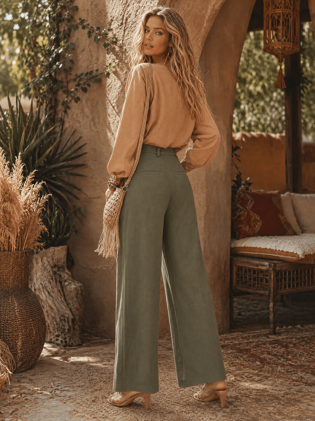 ********WOMEN'S BUTTON CLOSURE FRONT POCKETS WIDE LEG PANTS