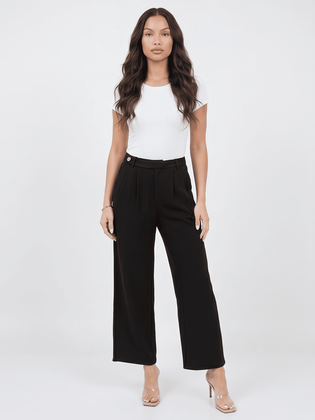 ********WOMEN'S BUTTON CLOSURE FRONT POCKETS WIDE LEG PANTS