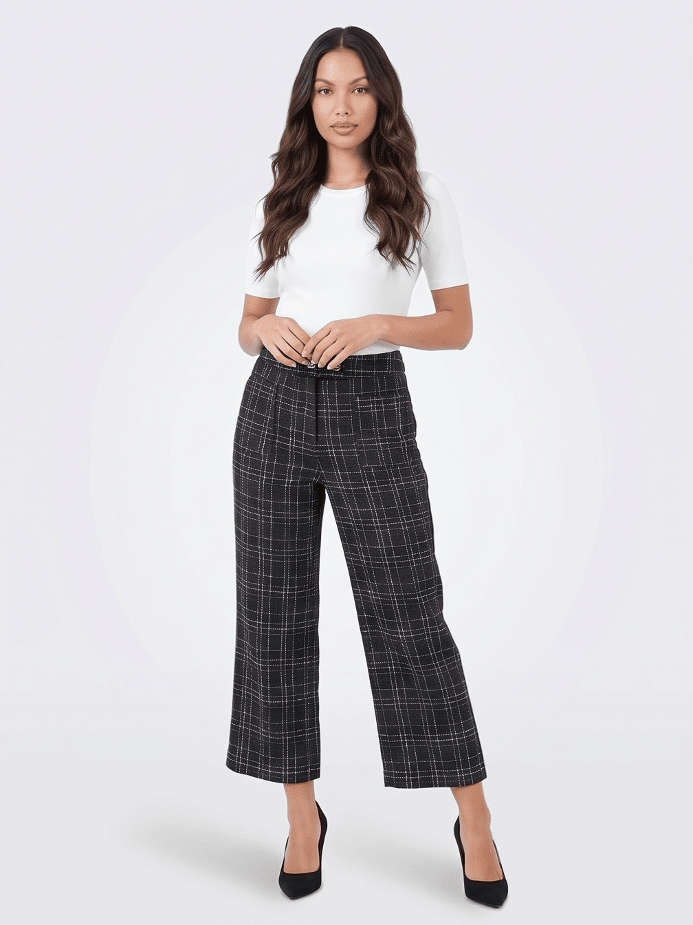 ********WOMEN'S BUTTON CLOSURE FRONT POCKETS TWEED WIDE LEG PANTS