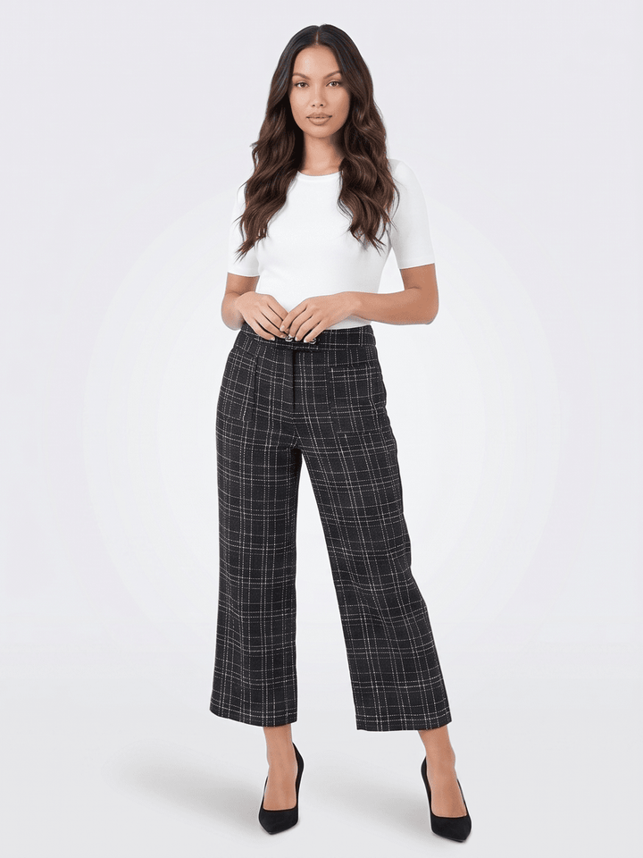 ********WOMEN'S BUTTON CLOSURE FRONT POCKETS TWEED WIDE LEG PANTS