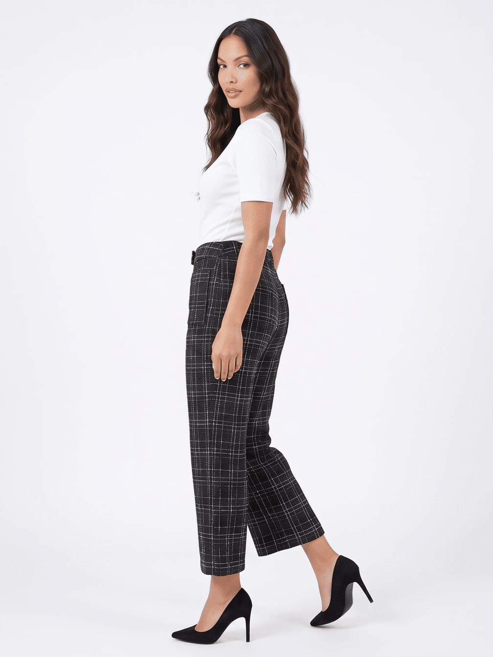 ********WOMEN'S BUTTON CLOSURE FRONT POCKETS TWEED WIDE LEG PANTS