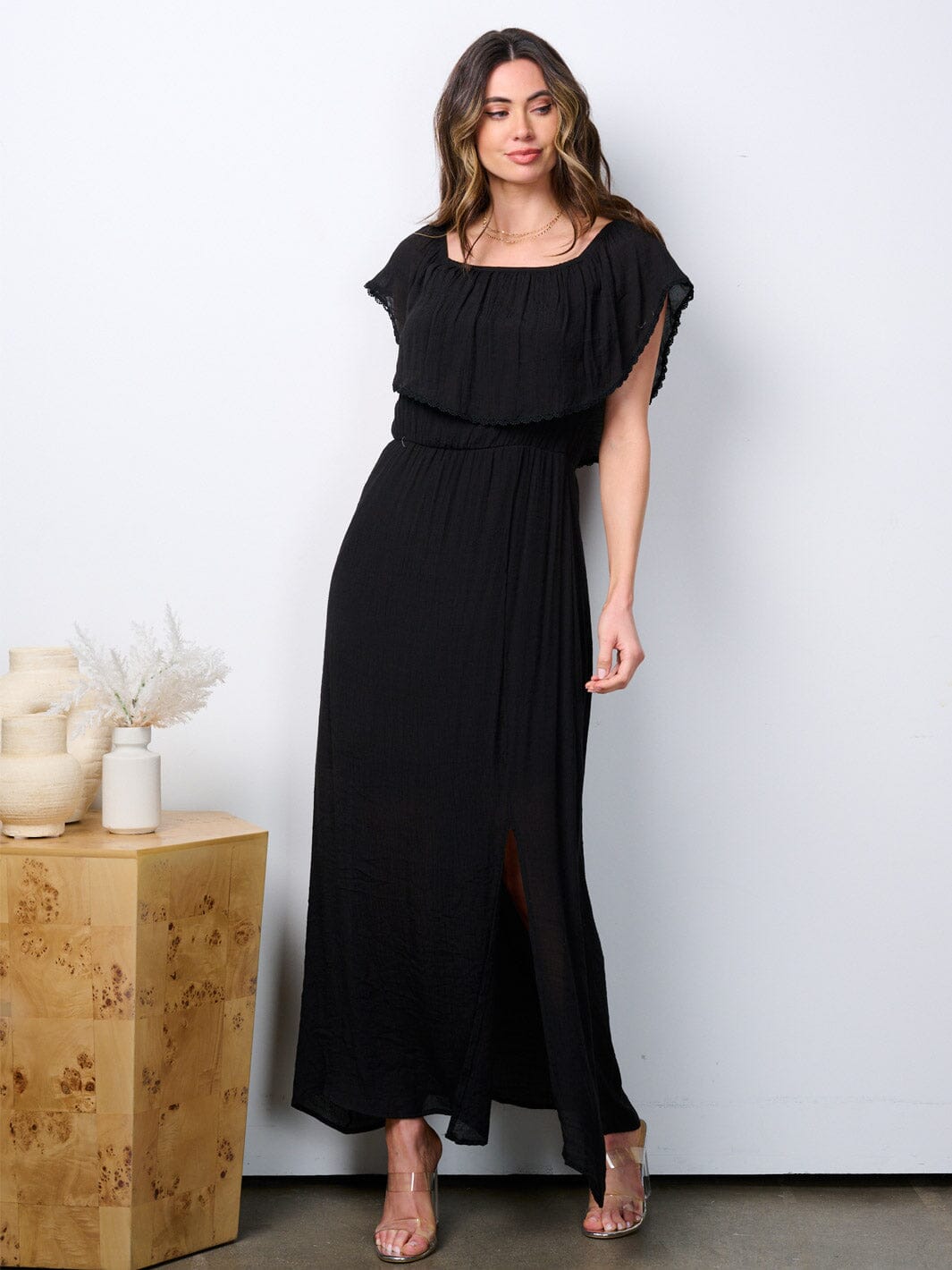 WOMEN'S SHORT SLEEVE RUFFLE FRONT SLIT MAXI DRESS