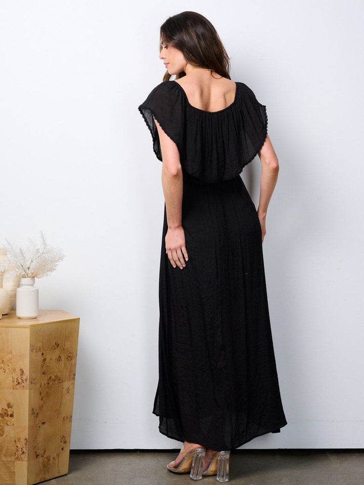 WOMEN'S SHORT SLEEVE RUFFLE FRONT SLIT MAXI DRESS