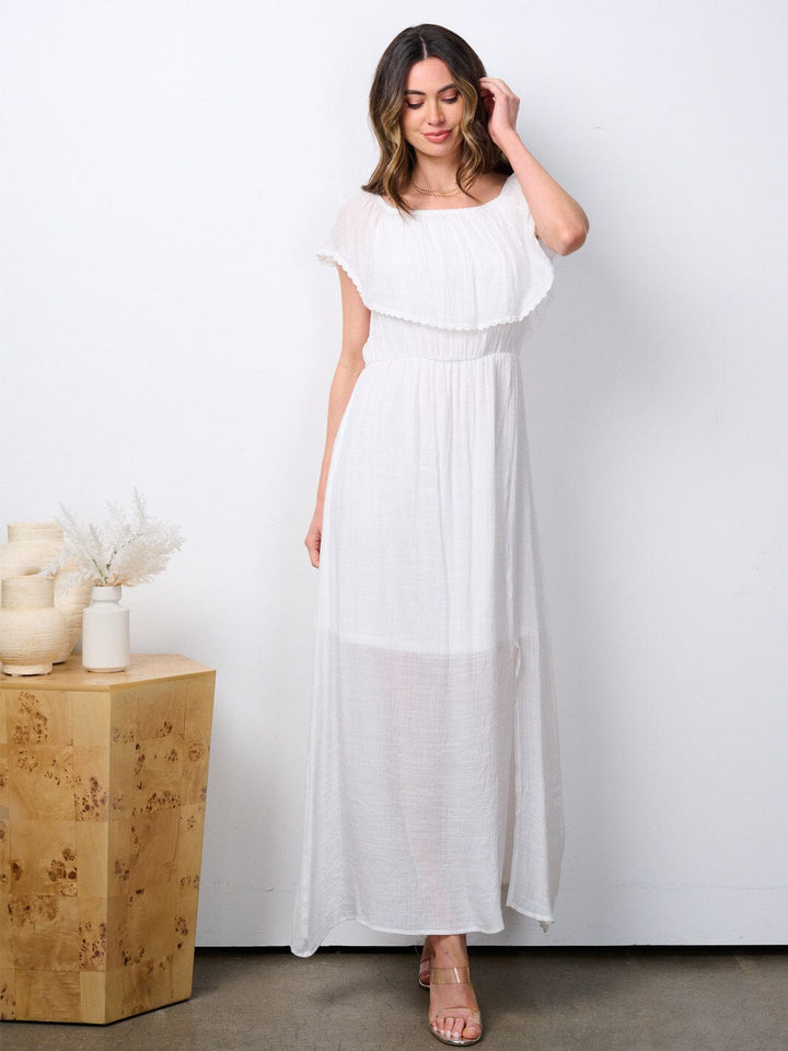 WOMEN'S SHORT SLEEVE RUFFLE FRONT SLIT MAXI DRESS