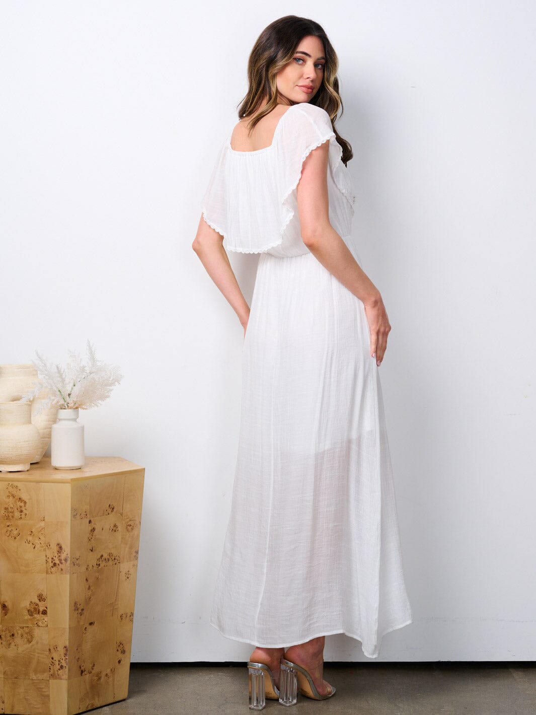 WOMEN'S SHORT SLEEVE RUFFLE FRONT SLIT MAXI DRESS