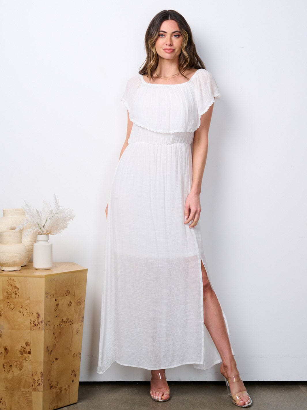 WOMEN'S SHORT SLEEVE RUFFLE FRONT SLIT MAXI DRESS