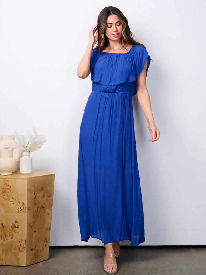WOMEN'S SHORT SLEEVE RUFFLE FRONT SLIT MAXI DRESS