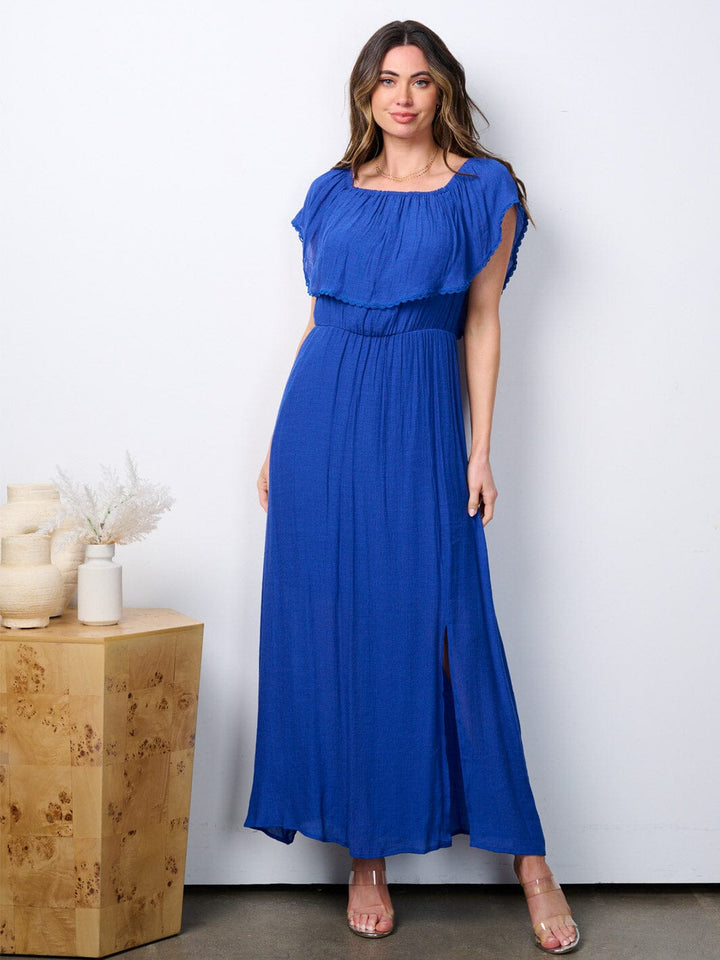 WOMEN'S SHORT SLEEVE RUFFLE FRONT SLIT MAXI DRESS