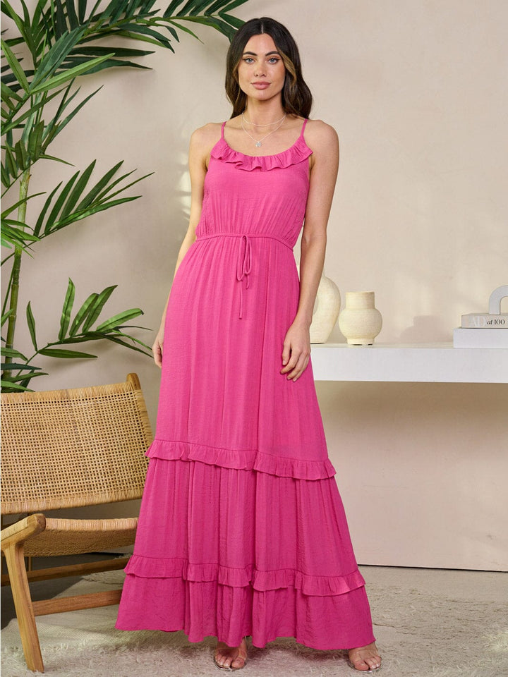 WOMEN'S SLEEVELESS V-NECK ELASTIC WAIST TIERED MAXI DRESS