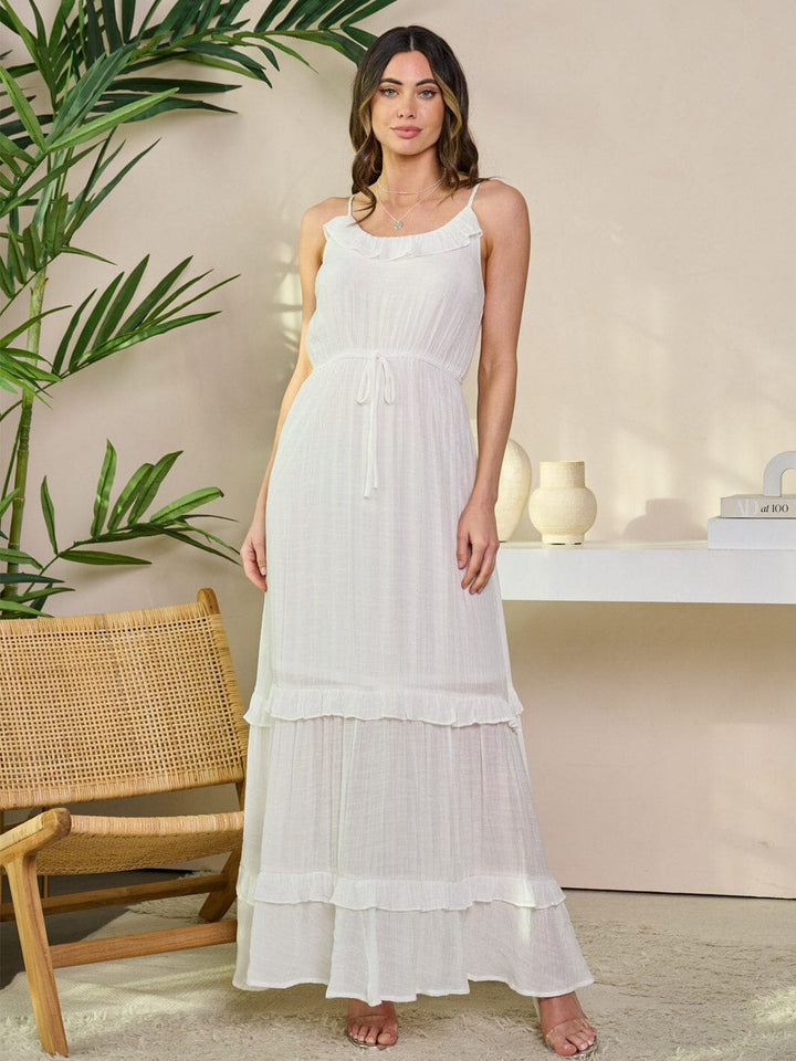 WOMEN'S SLEEVELESS V-NECK ELASTIC WAIST TIERED MAXI DRESS