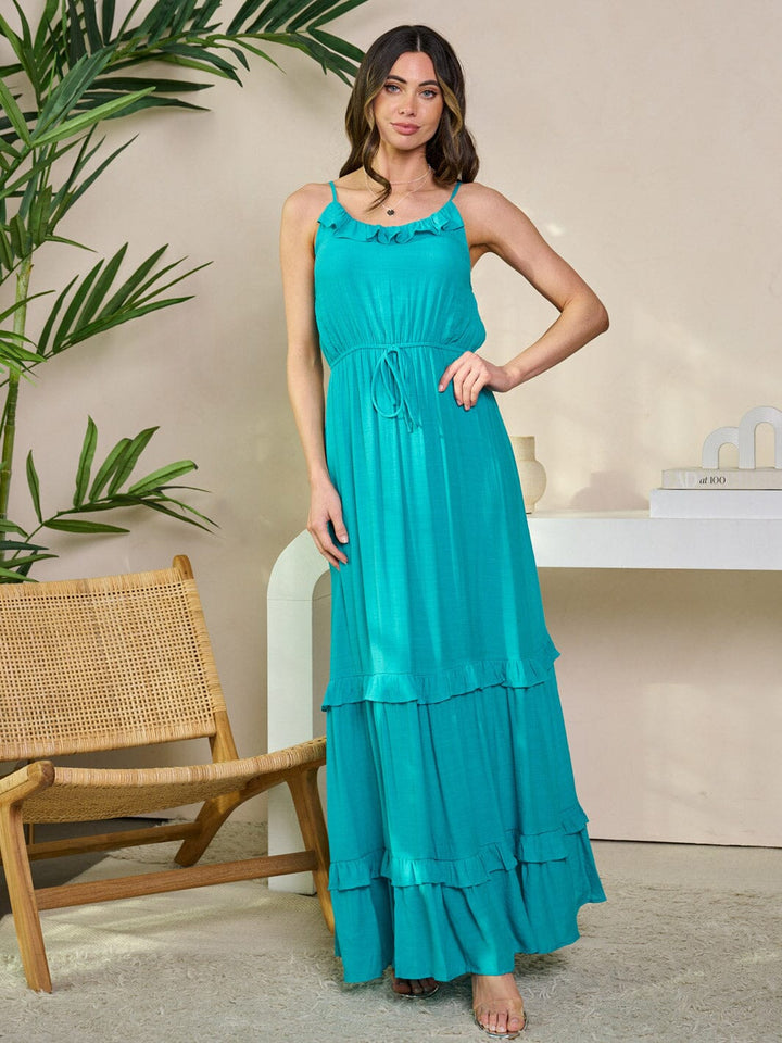 WOMEN'S SLEEVELESS V-NECK ELASTIC WAIST TIERED MAXI DRESS