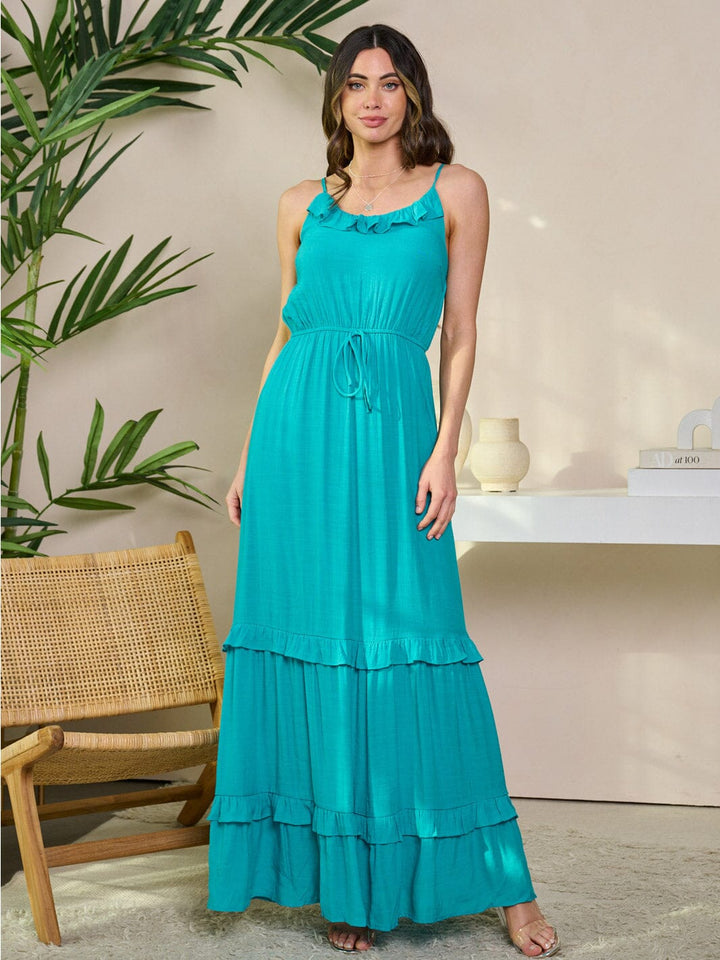 WOMEN'S SLEEVELESS V-NECK ELASTIC WAIST TIERED MAXI DRESS