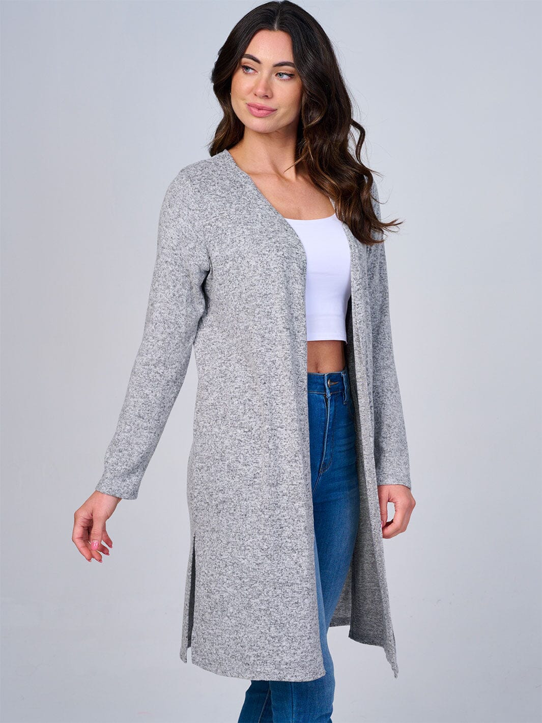 WOMEN'S LONG SLEEVE OPEN FRONT SLIT CARDIGAN