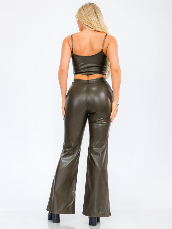 WOMEN'S SLEEVELESS CROP TOP & BUTTON CLOSURE WIDE LEG PANTS PU PLEATHER 2PC SET