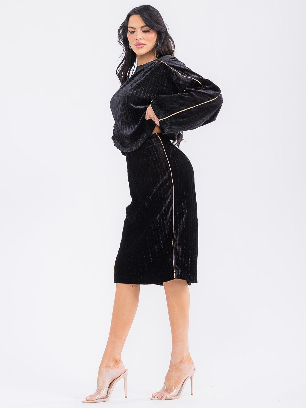 WOMEN'S ELASTIC WAIST VELVET DETAILED MIDI SKIRT