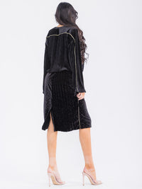WOMEN'S ELASTIC WAIST VELVET DETAILED MIDI SKIRT