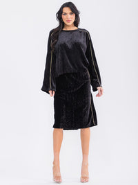 WOMEN'S ELASTIC WAIST VELVET DETAILED MIDI SKIRT