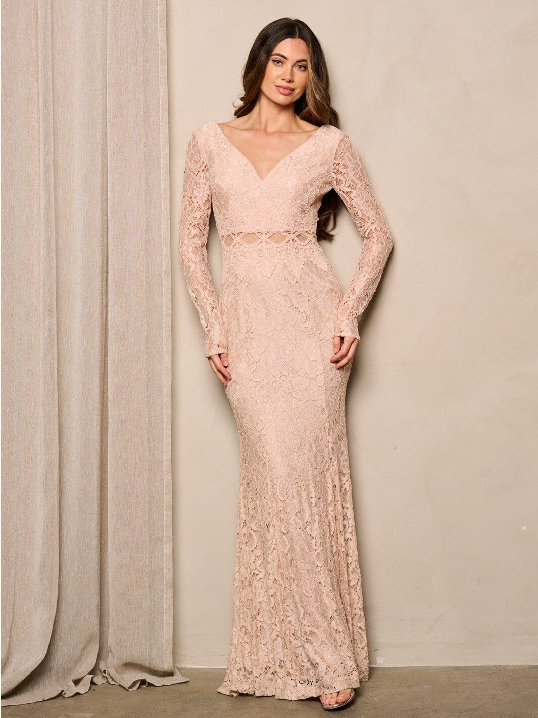 WOMEN'S LONG SLEEVE V-NECK LACE BODYCON MAXI DRESS