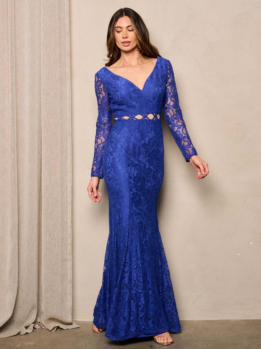 WOMEN'S LONG SLEEVE V-NECK LACE BODYCON MAXI DRESS