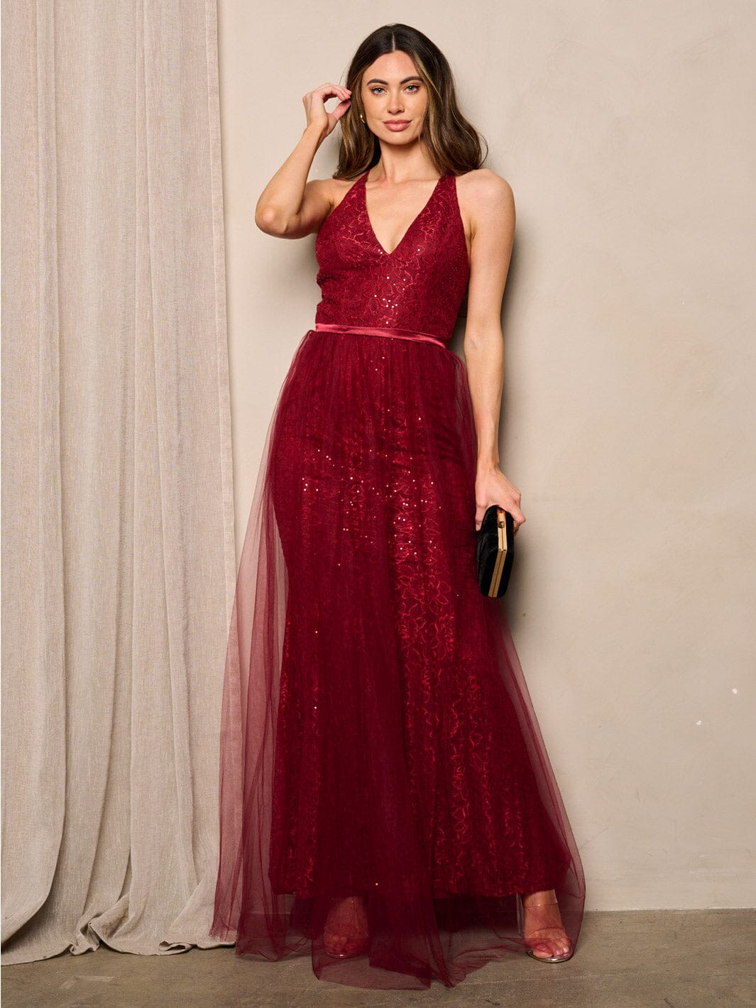 WOMEN'S SLEEVELESS V-NECK LACE SEQUINS MAXI DRESS