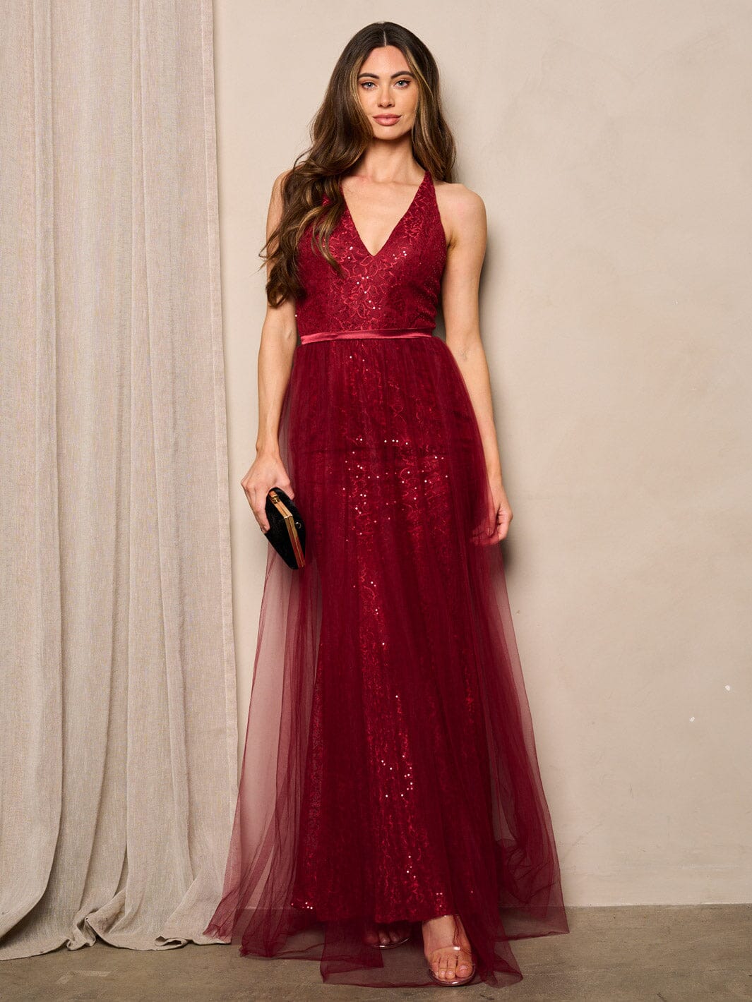 WOMEN'S SLEEVELESS V-NECK LACE SEQUINS MAXI DRESS