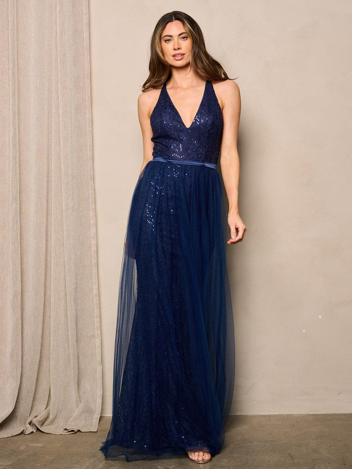 WOMEN'S SLEEVELESS V-NECK LACE SEQUINS MAXI DRESS