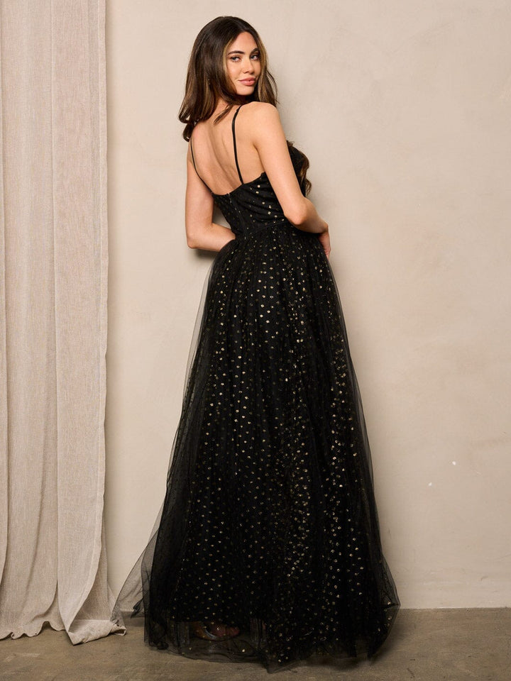 WOMEN'S SLEEVELESS V-NECK SHIMMER EMBROIDERY MAXI DRESS