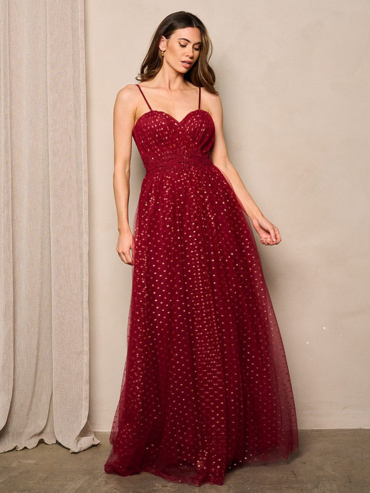 WOMEN'S SLEEVELESS V-NECK SHIMMER EMBROIDERY MAXI DRESS