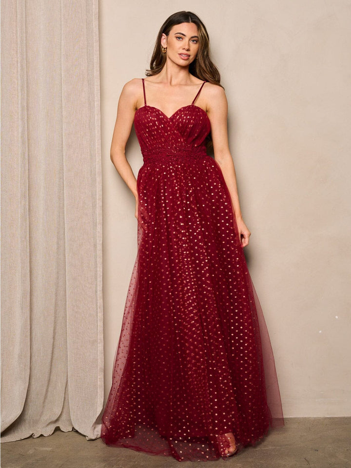 WOMEN'S SLEEVELESS V-NECK SHIMMER EMBROIDERY MAXI DRESS