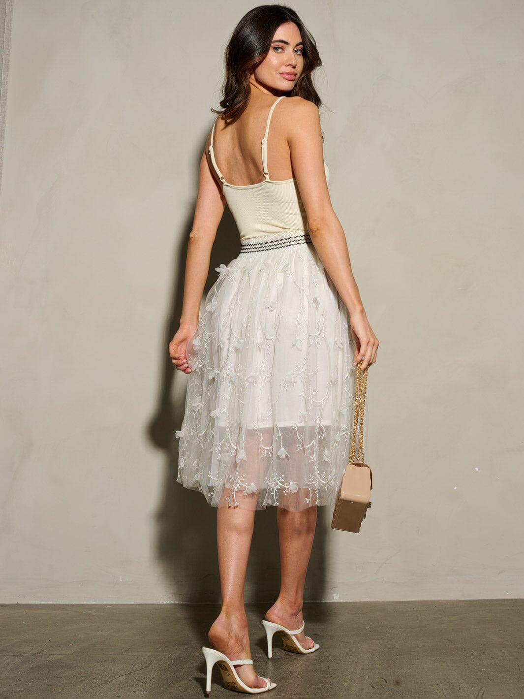 WOMEN'S ELASTIC WAIST EMBROIDERY FLOWER DETAILED MIDI SKIRT