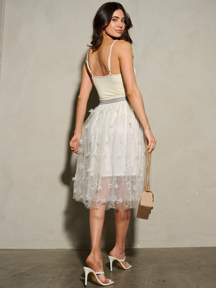 WOMEN'S ELASTIC WAIST EMBROIDERY FLOWER DETAILED MIDI SKIRT