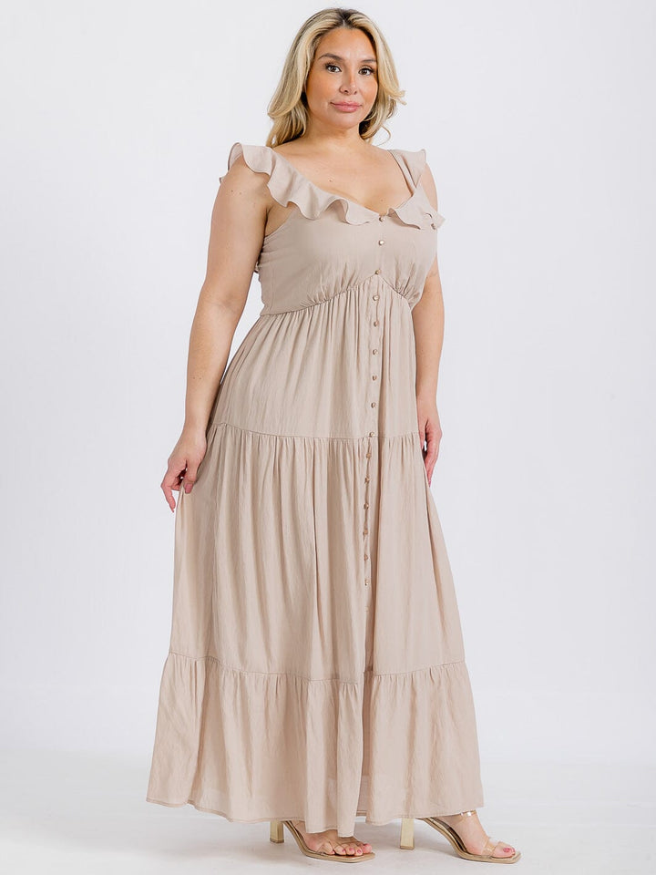 PLUS SIZE SLEEVELESS BUTTONS TIERED RUFFLE MAXI DRESS