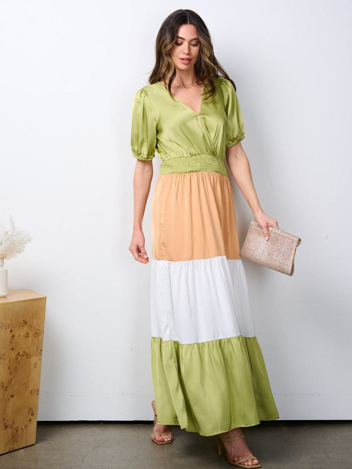 WOMEN'S SHORT SLEEVE SURPLICE SMOCK WAIST COLORBLOCK MAXI DRESS