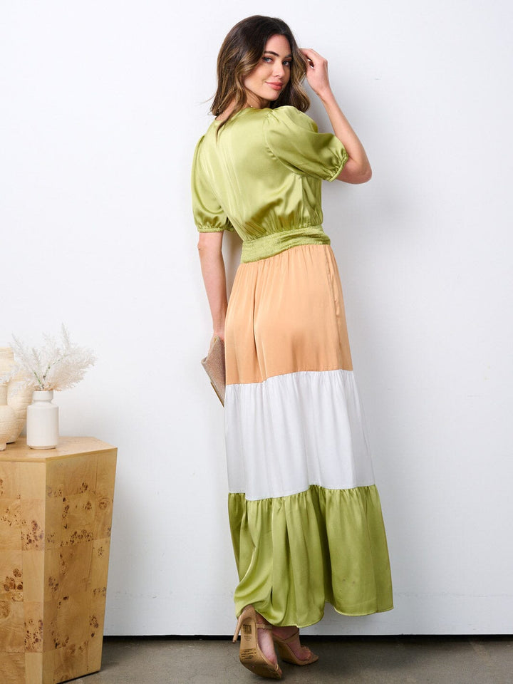 WOMEN'S SHORT SLEEVE SURPLICE SMOCK WAIST COLORBLOCK MAXI DRESS