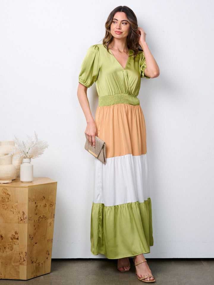 WOMEN'S SHORT SLEEVE SURPLICE SMOCK WAIST COLORBLOCK MAXI DRESS