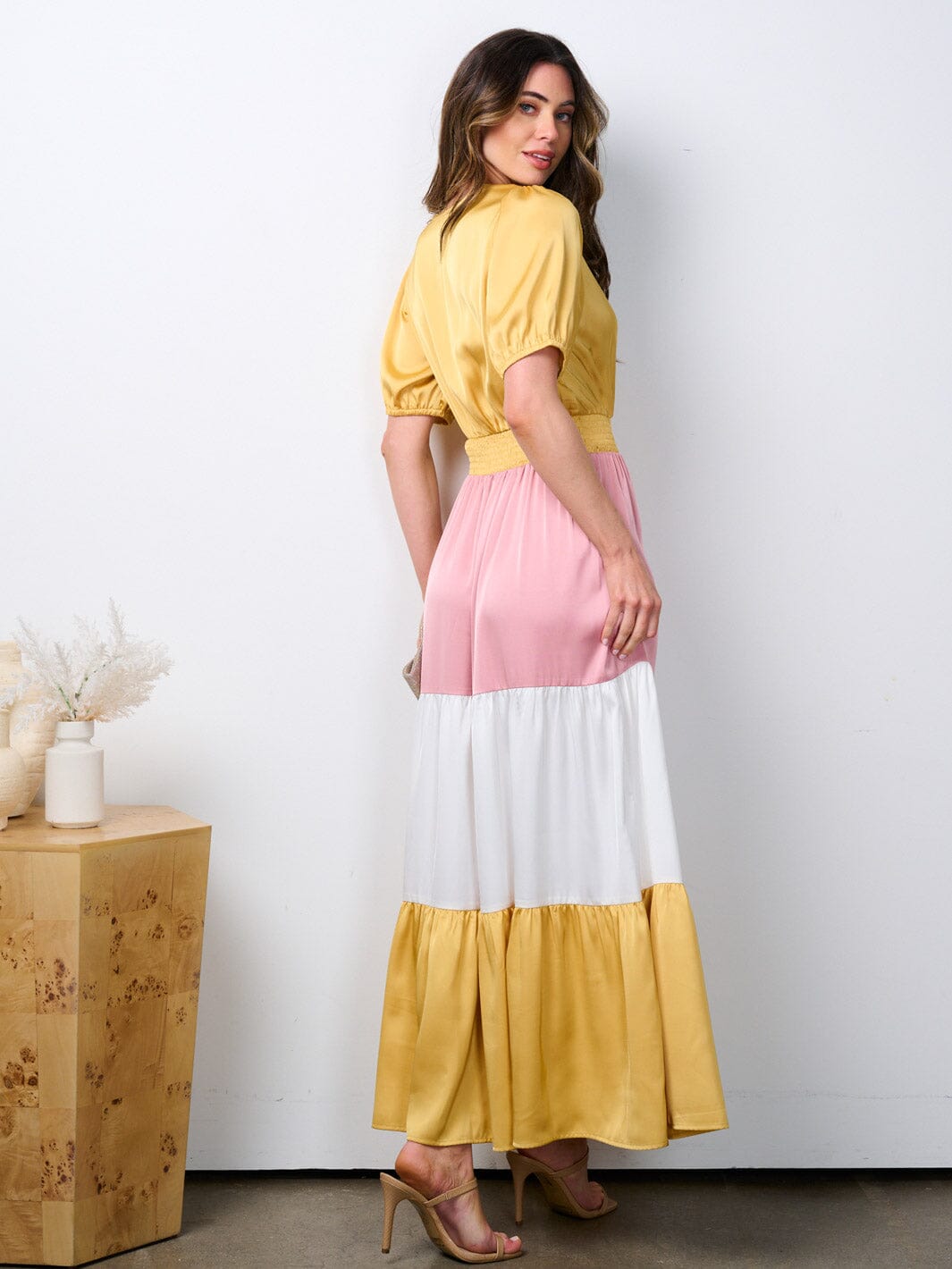 WOMEN'S SHORT SLEEVE SURPLICE SMOCK WAIST COLORBLOCK MAXI DRESS