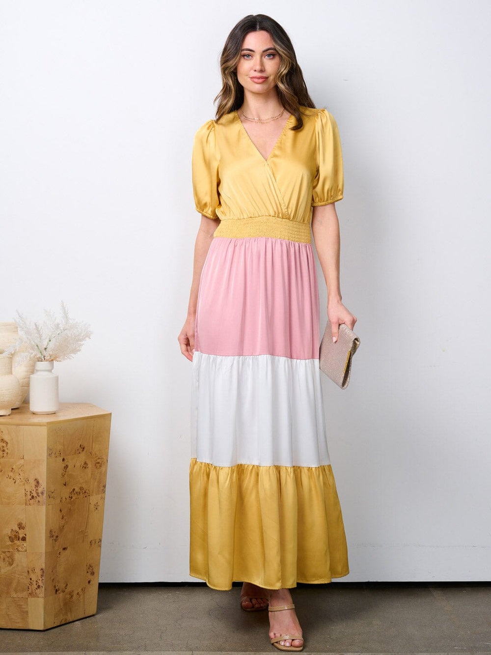 WOMEN'S SHORT SLEEVE SURPLICE SMOCK WAIST COLORBLOCK MAXI DRESS