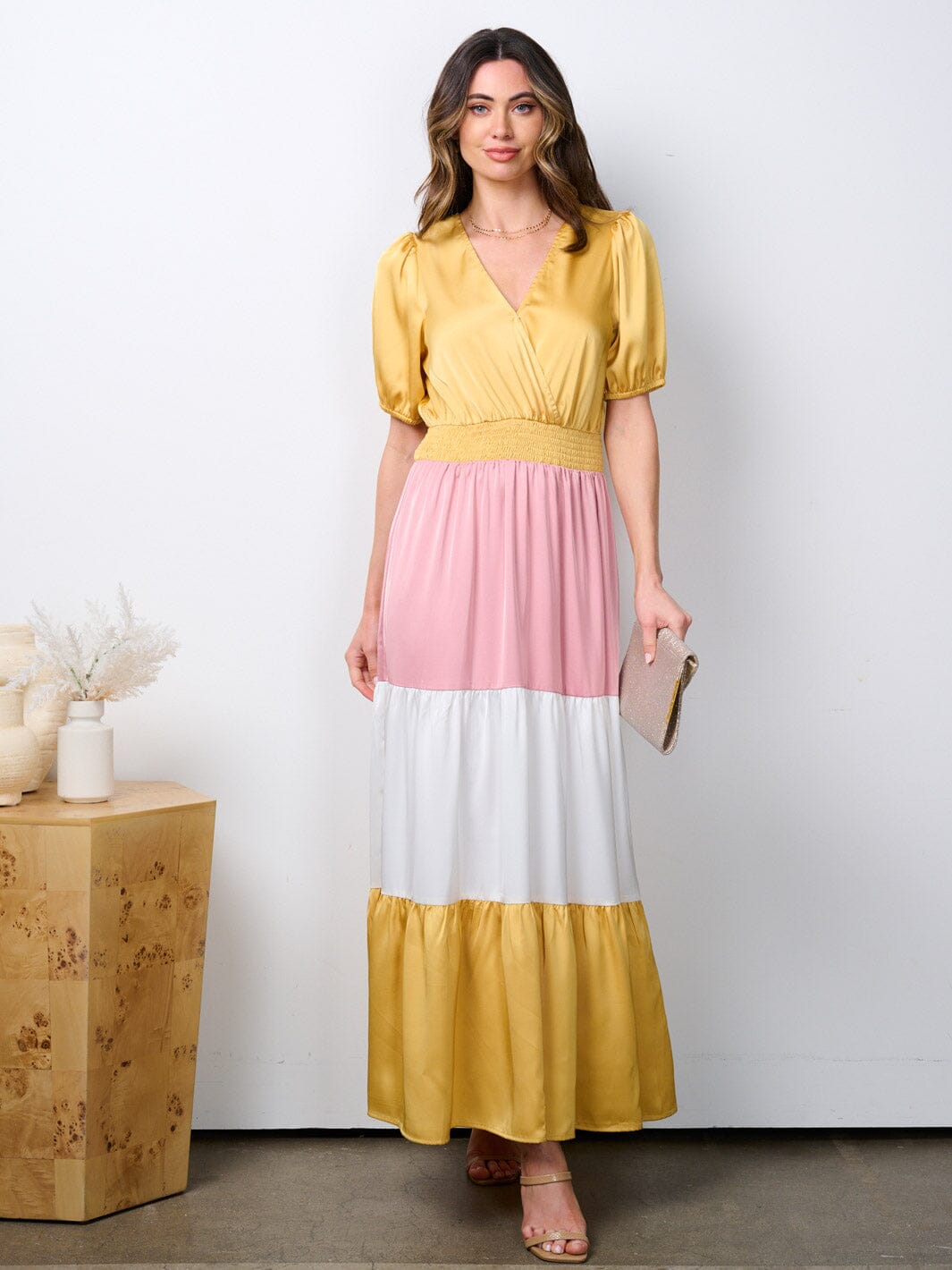 WOMEN'S SHORT SLEEVE SURPLICE SMOCK WAIST COLORBLOCK MAXI DRESS