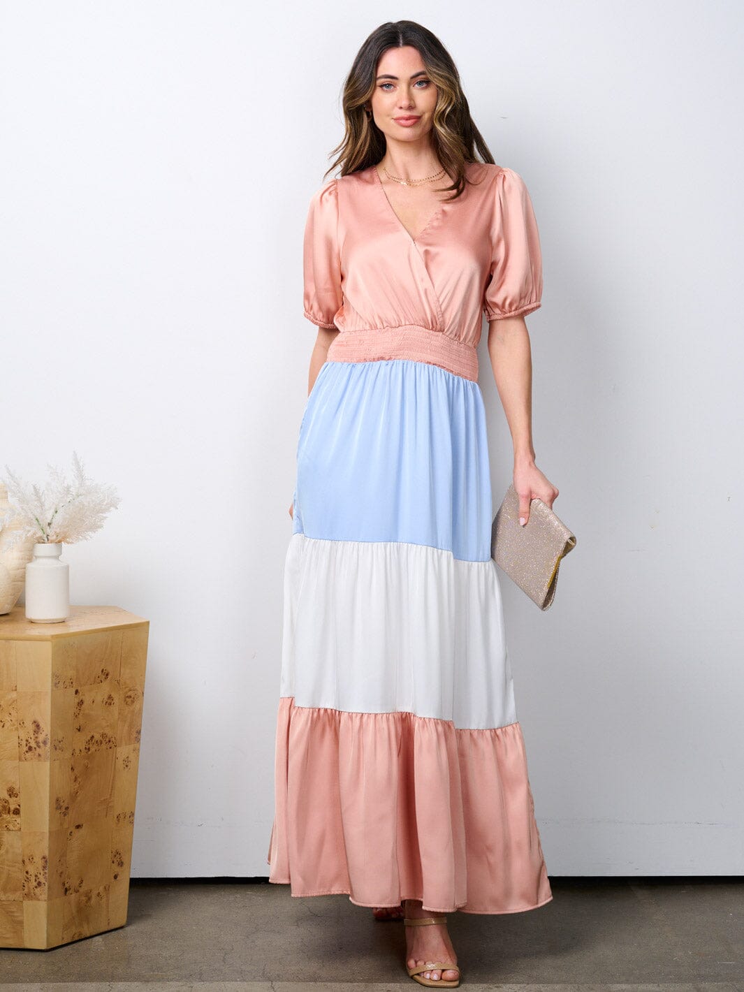 WOMEN'S SHORT SLEEVE SURPLICE SMOCK WAIST COLORBLOCK MAXI DRESS