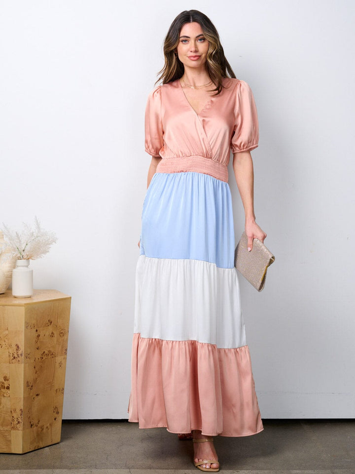 WOMEN'S SHORT SLEEVE SURPLICE SMOCK WAIST COLORBLOCK MAXI DRESS