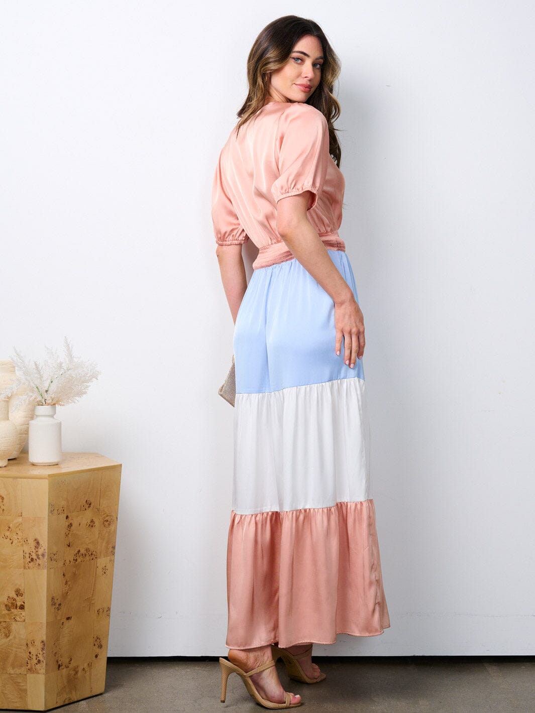 WOMEN'S SHORT SLEEVE SURPLICE SMOCK WAIST COLORBLOCK MAXI DRESS