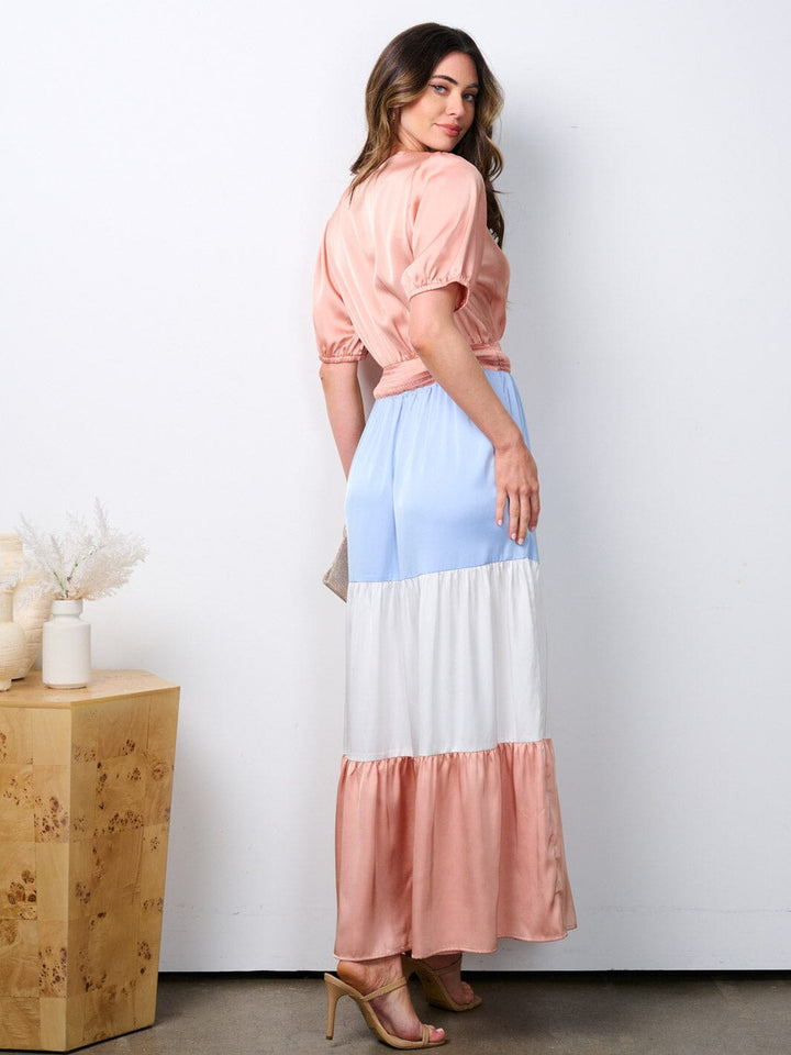 WOMEN'S SHORT SLEEVE SURPLICE SMOCK WAIST COLORBLOCK MAXI DRESS