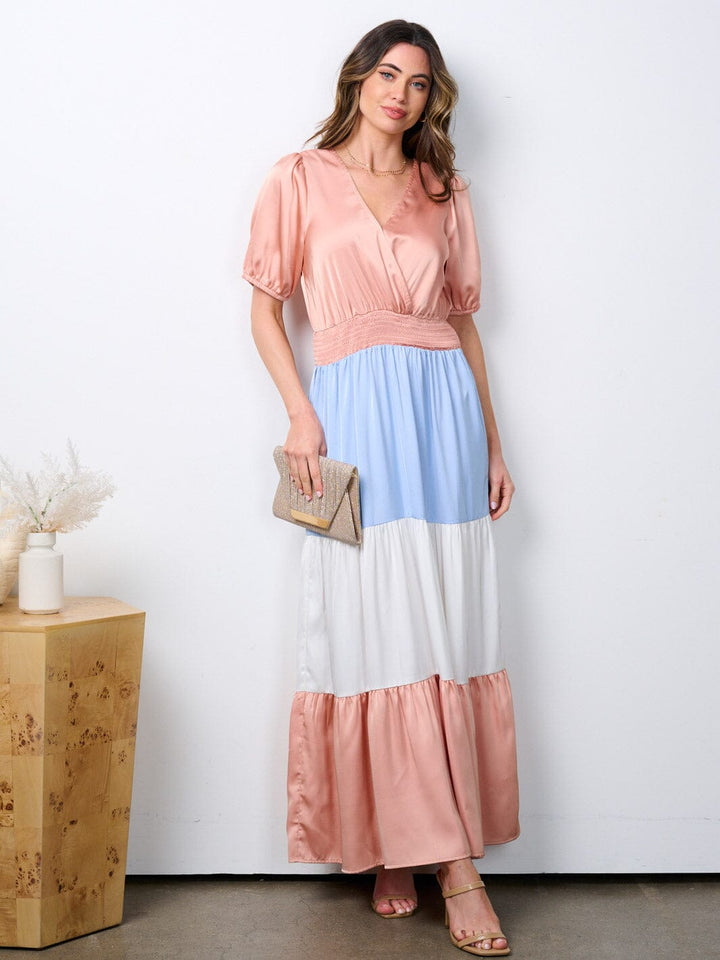 WOMEN'S SHORT SLEEVE SURPLICE SMOCK WAIST COLORBLOCK MAXI DRESS