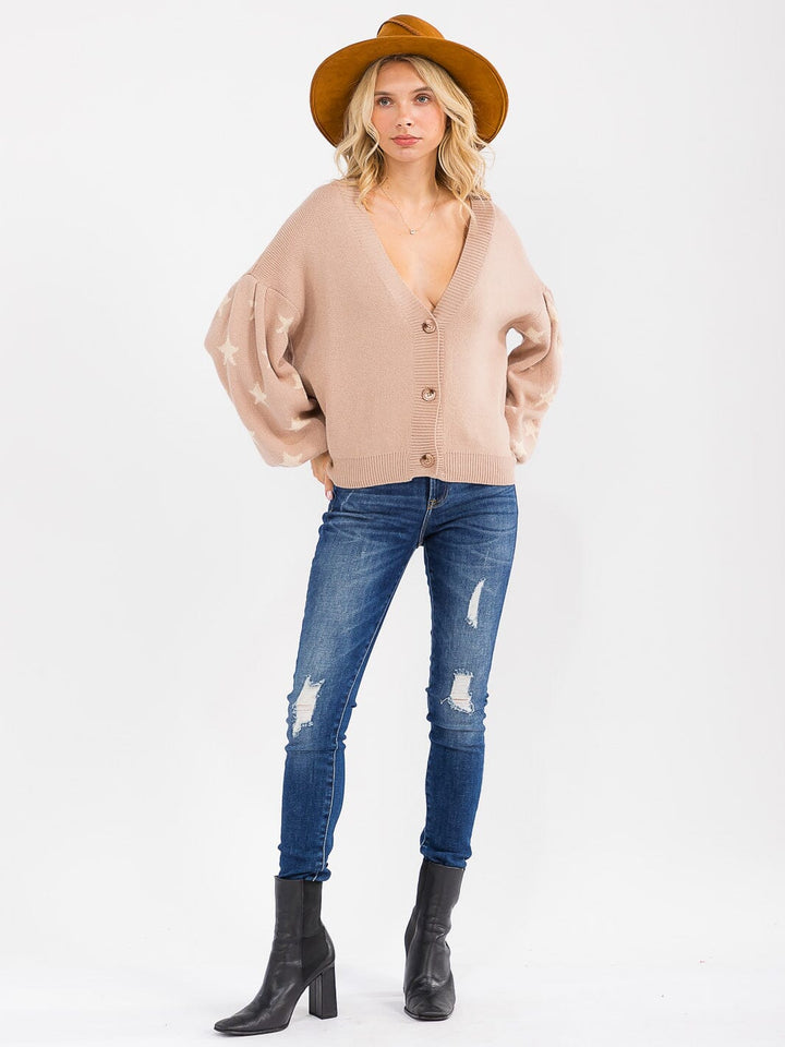 WOMEN'S LONG PUFF SLEEVE BUTTON UP STARS PRINT SWEATER