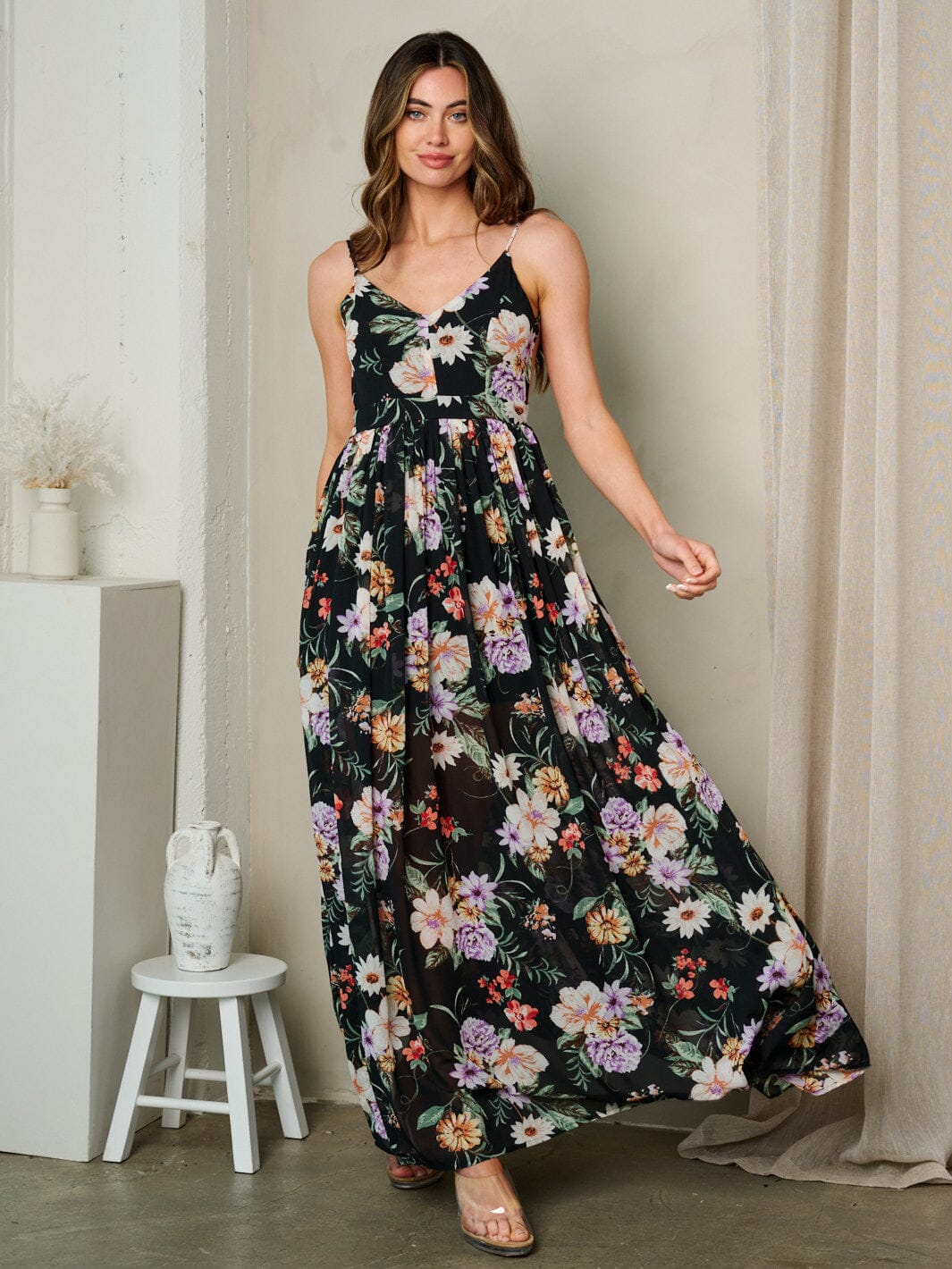 WOMEN'S SLEEVELESS V-NECK OPEN BACK FLORAL MAXI DRESS
