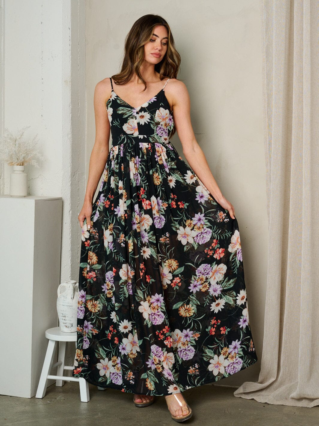 WOMEN'S SLEEVELESS V-NECK OPEN BACK FLORAL MAXI DRESS
